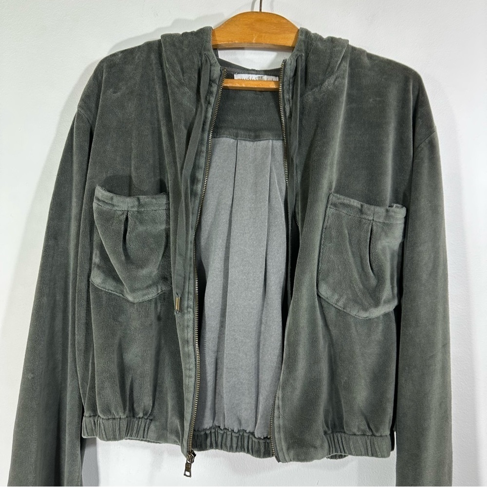 YFB Young Fabulous and Broke Gray Green Velour Velvet Pocket Zip Up Hoodie - Picture 7 of 8